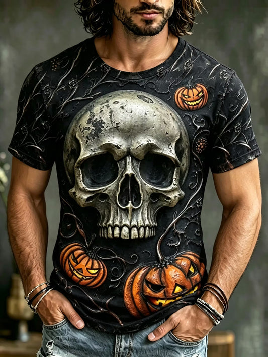 Men's Retro Halloween Skull And Pumpkin Pattern T-shirt