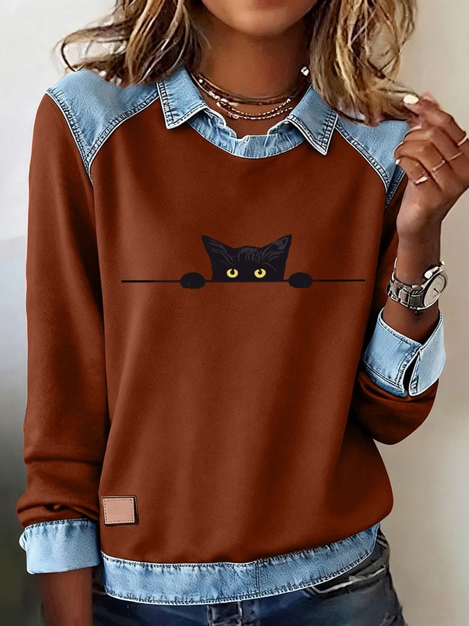 Women's Casual Cat Print Lapel Long Sleeve Top