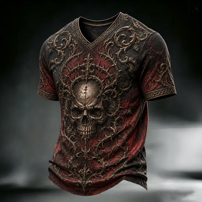 Men's Halloween Gothic Skull Gradient Print Casual V Neck T-shirt