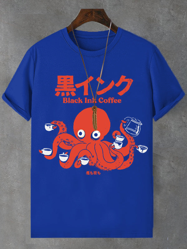 Men's Octopus Coffee Japanese Art Print Cotton Casual T-Shirt