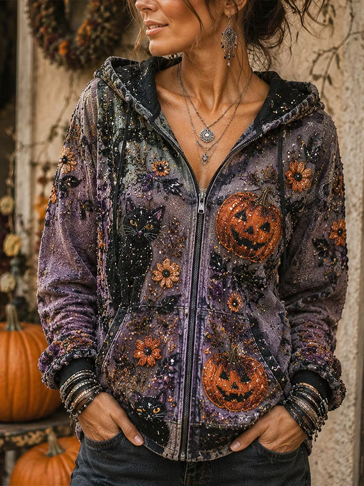 Women's Vintage Boho Black Cat Pumpkin Floral Embroidery Halloween Zip Up Hooded Jacket