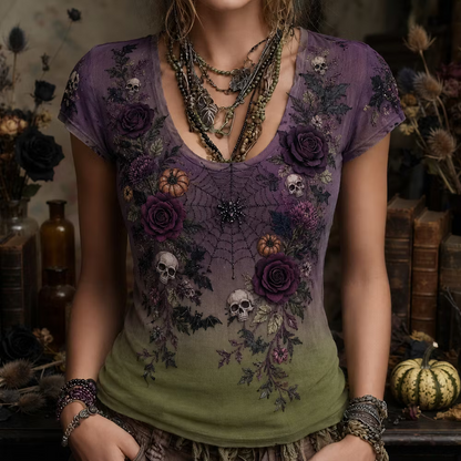 Women's Halloween Gothic Ombre Skull, Spiderweb & Rose Short-sleeve Top