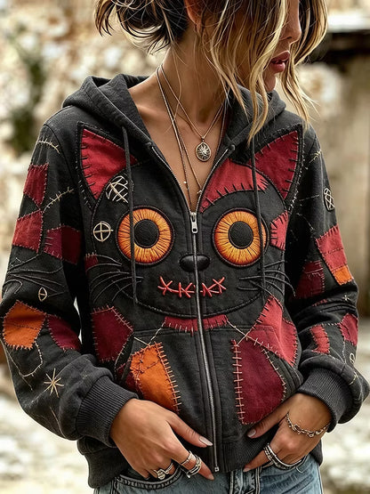 Women's Halloween Gothic Vintage Stitched Cat Monster Patchwork Art Comfy Zipper Hoodie