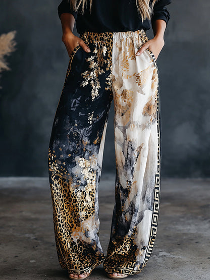 Women's Vintage Marble Pattern Art Leopard Print Flowy Linen Blend Casual Pants