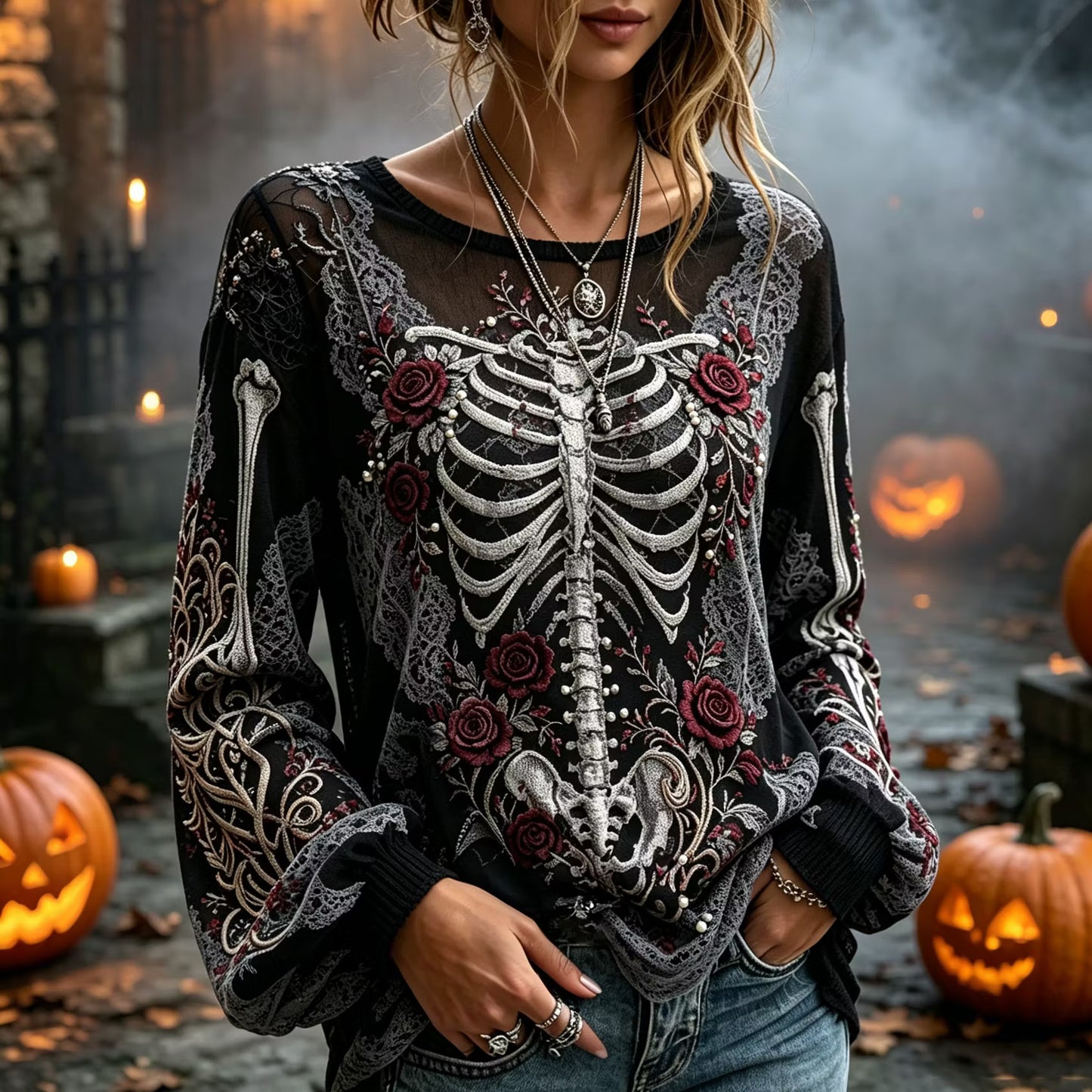 Women's Retro Dark Skull Rose Design Long-sleeve T-shirt