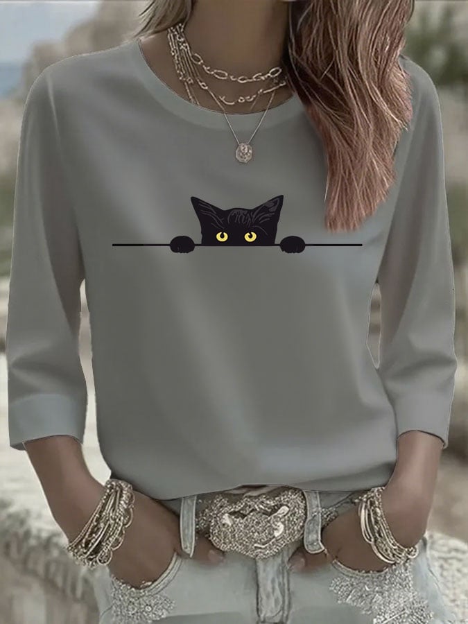 Women's Casual Cat Print Three-Quarter Sleeve T-Shirt