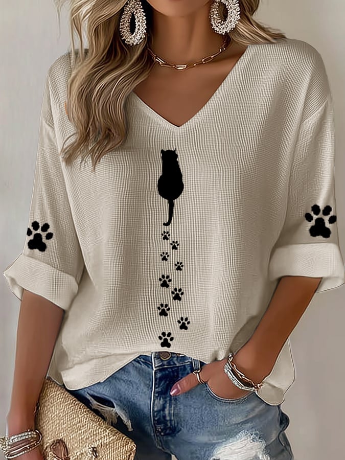 Women's Cute Cat Print Waffle T-shirt