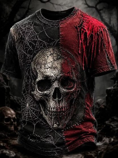 Men's Halloween Gothic Spiderweb Skull Print Casual T-shirt