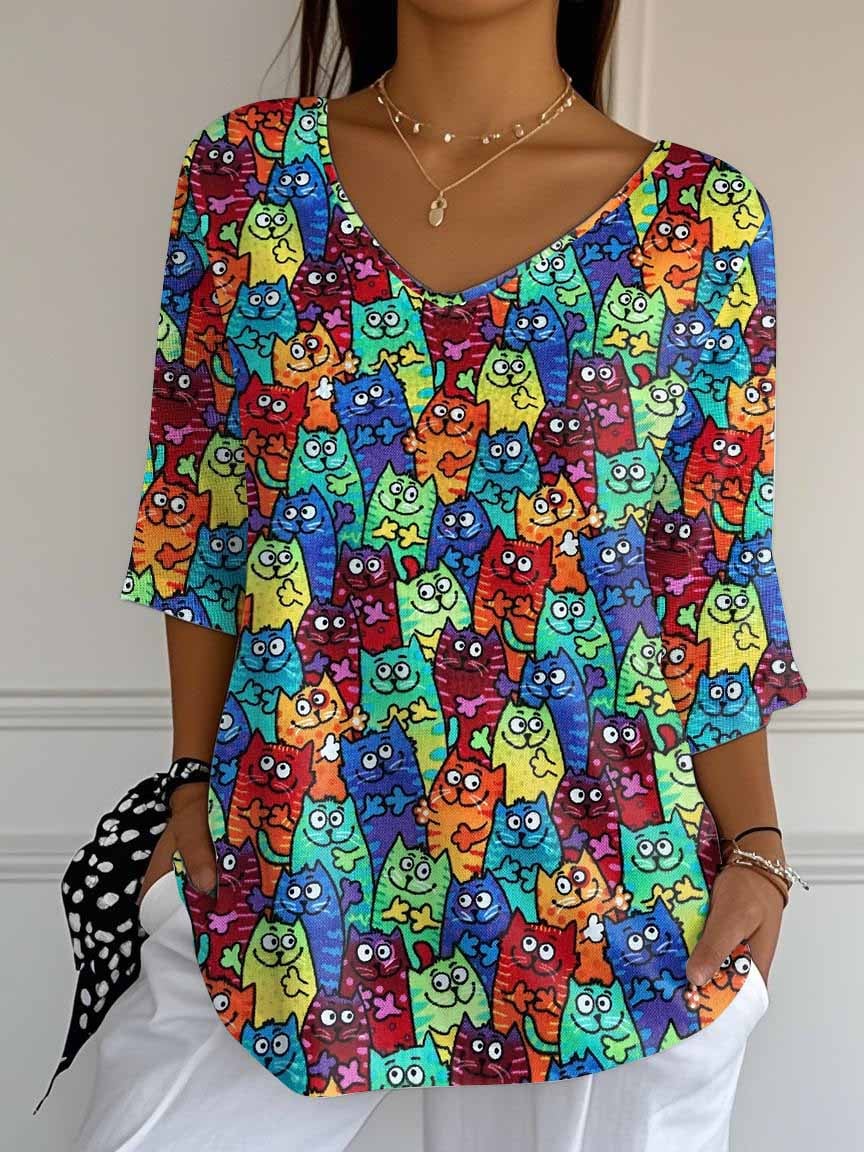 Women's Retro Funny Animal Cat Print Mid Sleeve T-Shirt