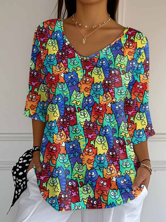 Women's Retro Funny Animal Cat Print Mid Sleeve T-Shirt