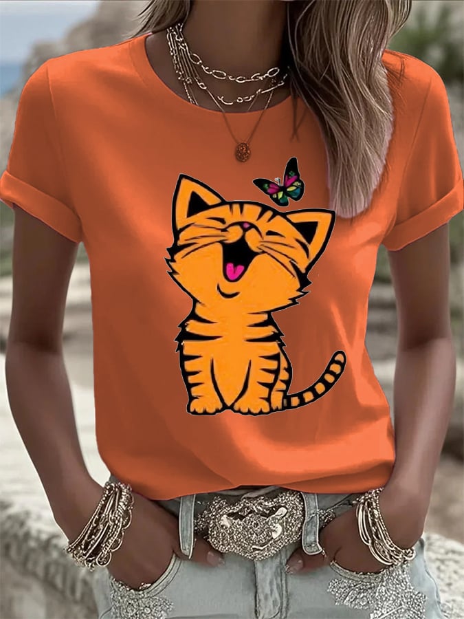Women's Cat and Butterfly Print Casual T-Shirt
