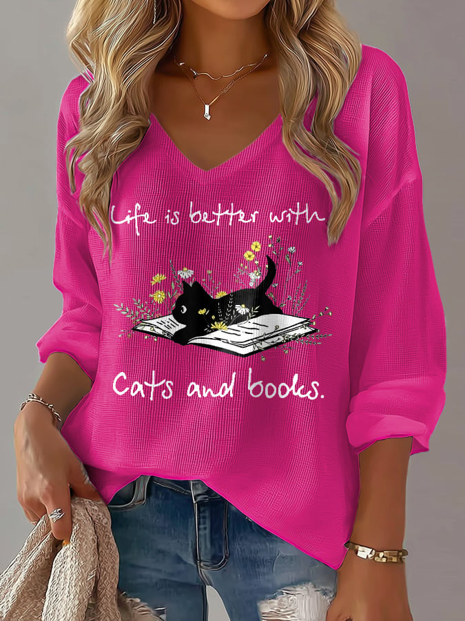 Women's 'life Is Better With Cats And Books' Cat Print Waffle Long-Sleeved T-Shirt
