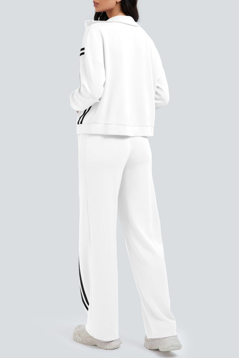 Zippered Tracksuit With Color-blocked Striped Wide-leg Pants