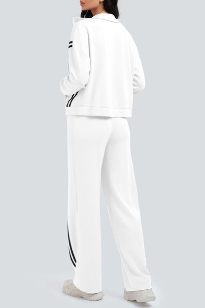 Zippered Tracksuit With Color-blocked Striped Wide-leg Pants