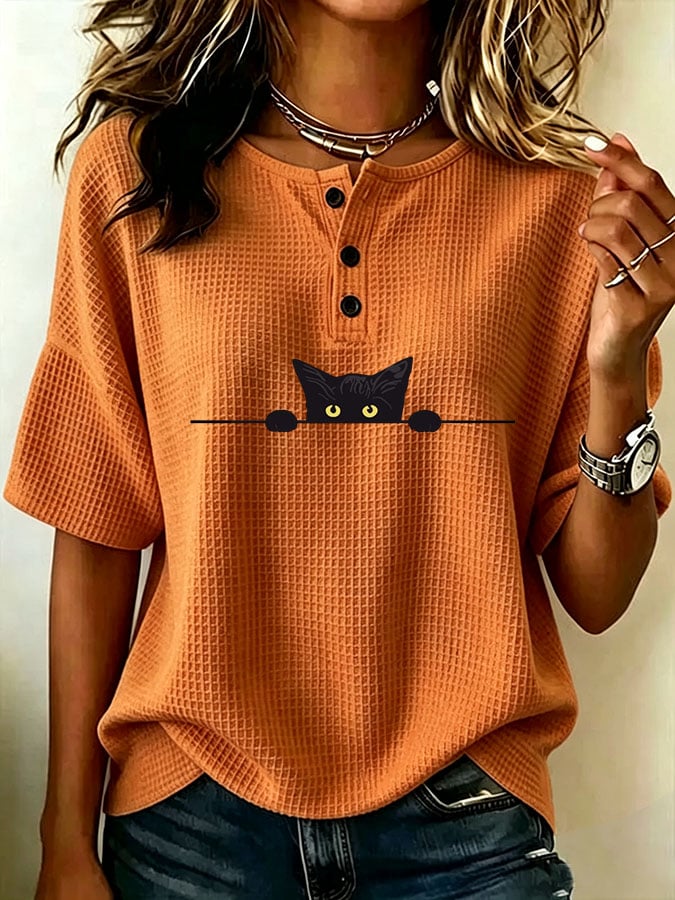 Women's Casual Waffle Print Loose Top
