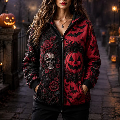 Women's Halloween Gothic Black & Red Split-color Skull & Pumpkin Zip Hoodie