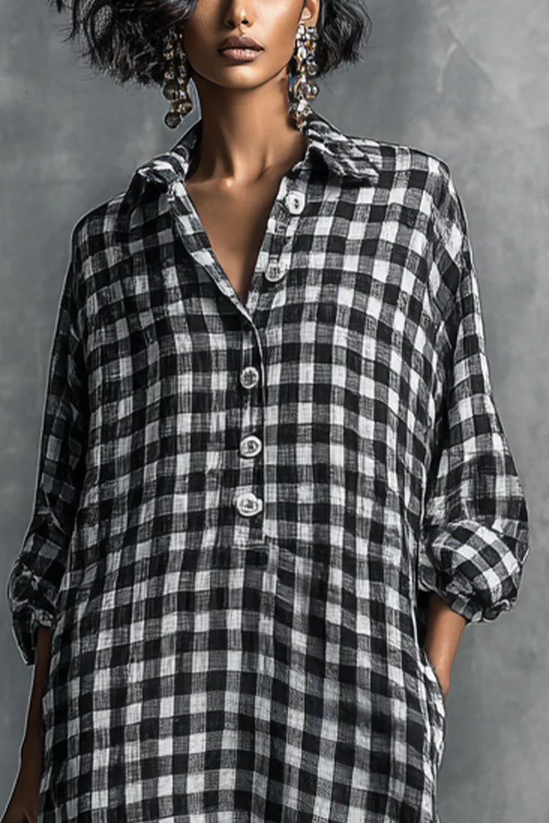 Women's Casual Black And White Checkered Shirt-style Long Dress