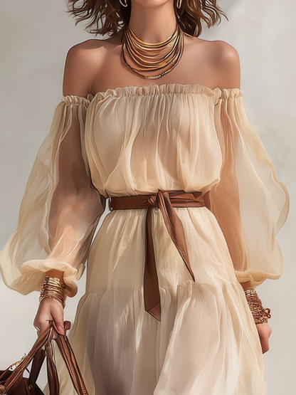Sheer Off-the-Shoulder Puff-Sleeve Chiffon Midi Dress