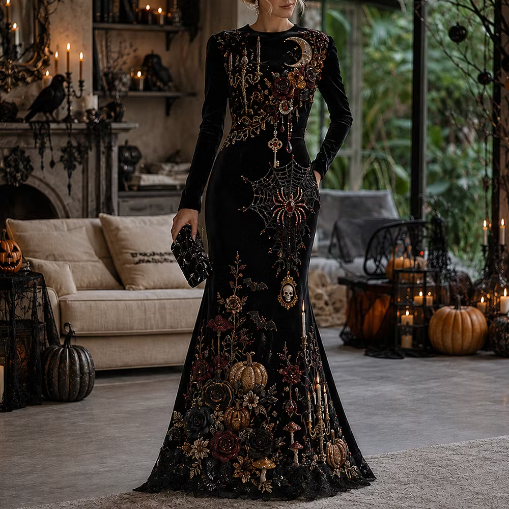 Women's Gothic Velvet Halloween Moon, Spiderweb & Floral Long-sleeve Mermaid Dress