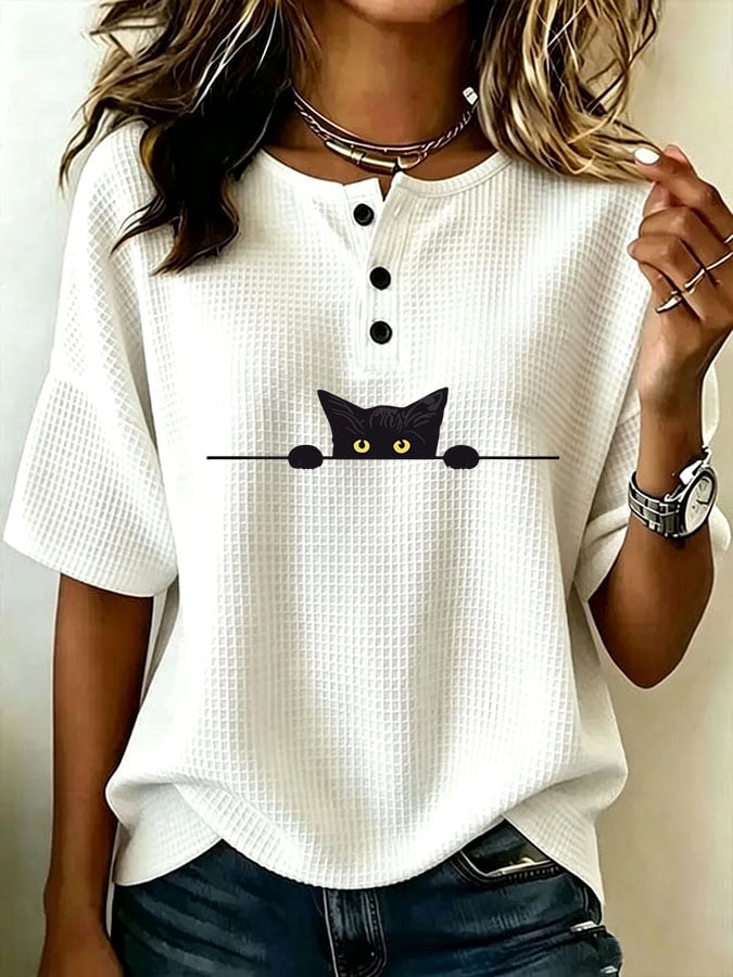 Women's Casual Waffle Print Loose Top