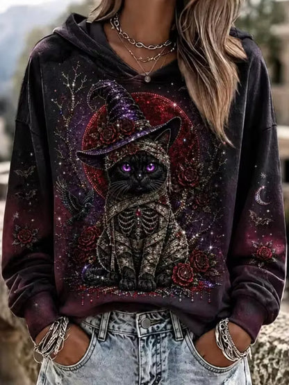 Women's Tie-up Witch Cat Floral Loose Hoodie