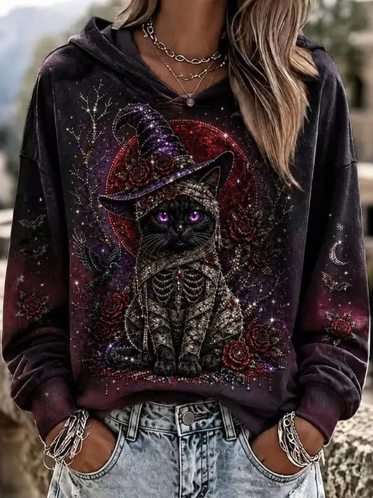 Women's Tie-up Witch Cat Floral Loose Hoodie