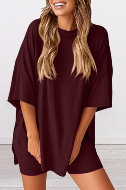 Women 2 Piece Outfits Crew Neck Oversized Tshirts and Biker Shorts with Pocket Matching Lounge Sets