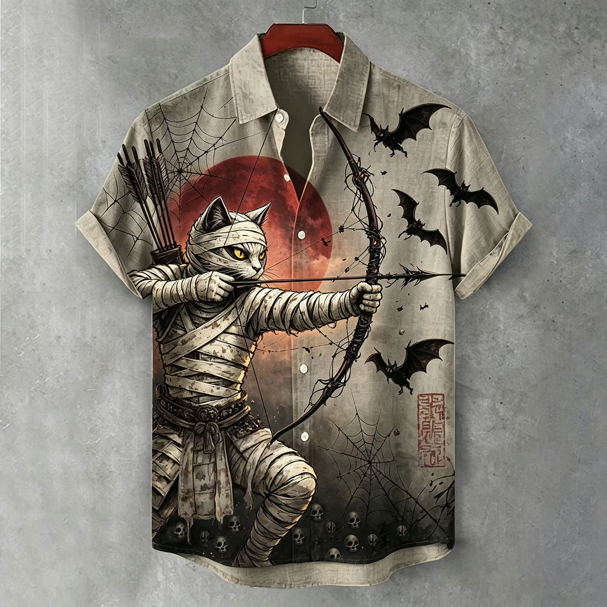 Men's Halloween Mummy Cat Samurai Japanese Archery Art Short Sleeve Shirt