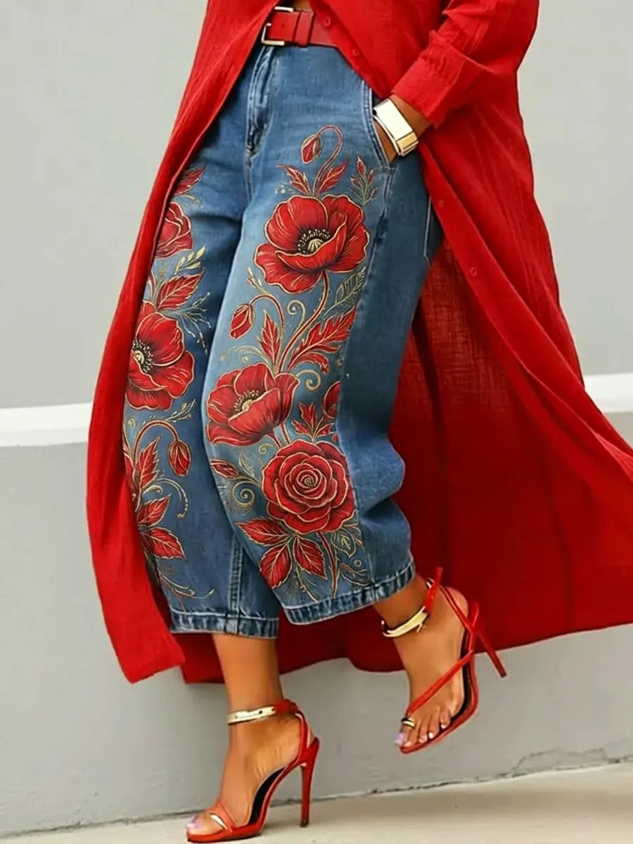 Women's Retro Floral Pattern Art Print Casual Jeans