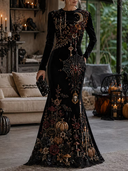 Women's Gothic Velvet Halloween Moon, Spiderweb & Floral Long-sleeve Mermaid Dress