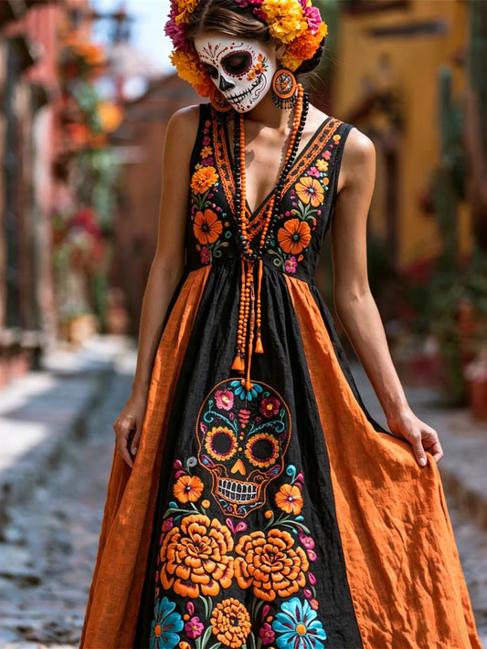 Women's Resort Retro Floral Skull Color Block Print Cotton Linen V-neck Dress