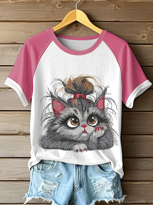 Women's Retro Funny Animal Cat Print Short Sleeve Top