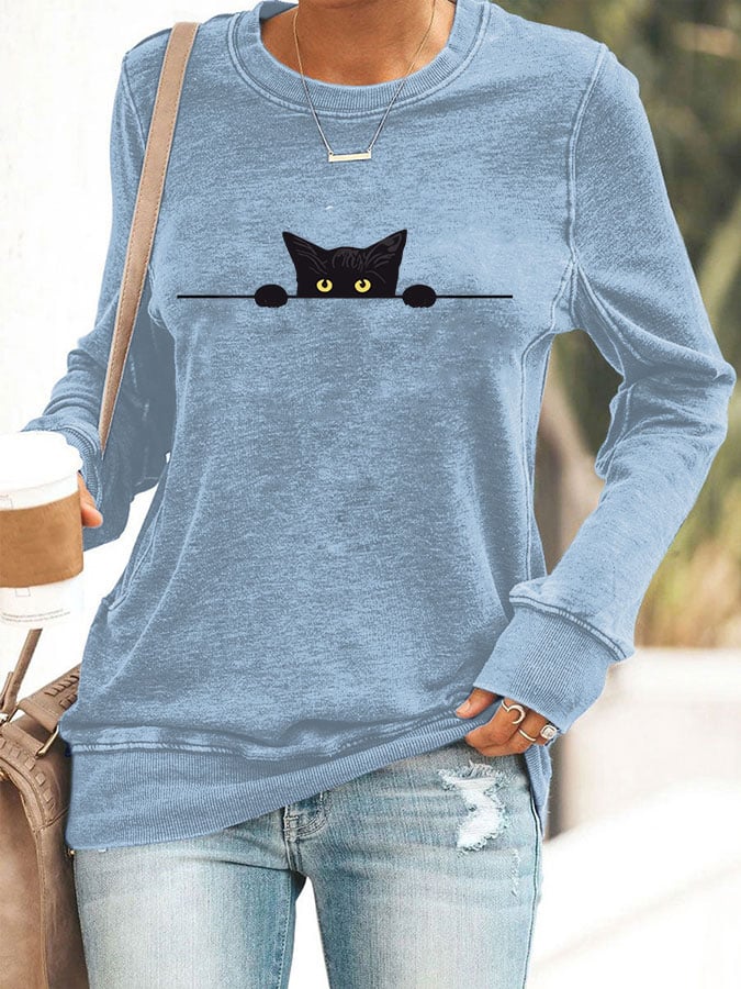 Women's Cat Printed Crew Neck Sweatshirt