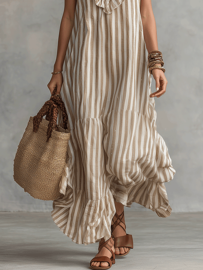 Relaxed Bohemian Ruffle-Trim Striped Maxi Dress