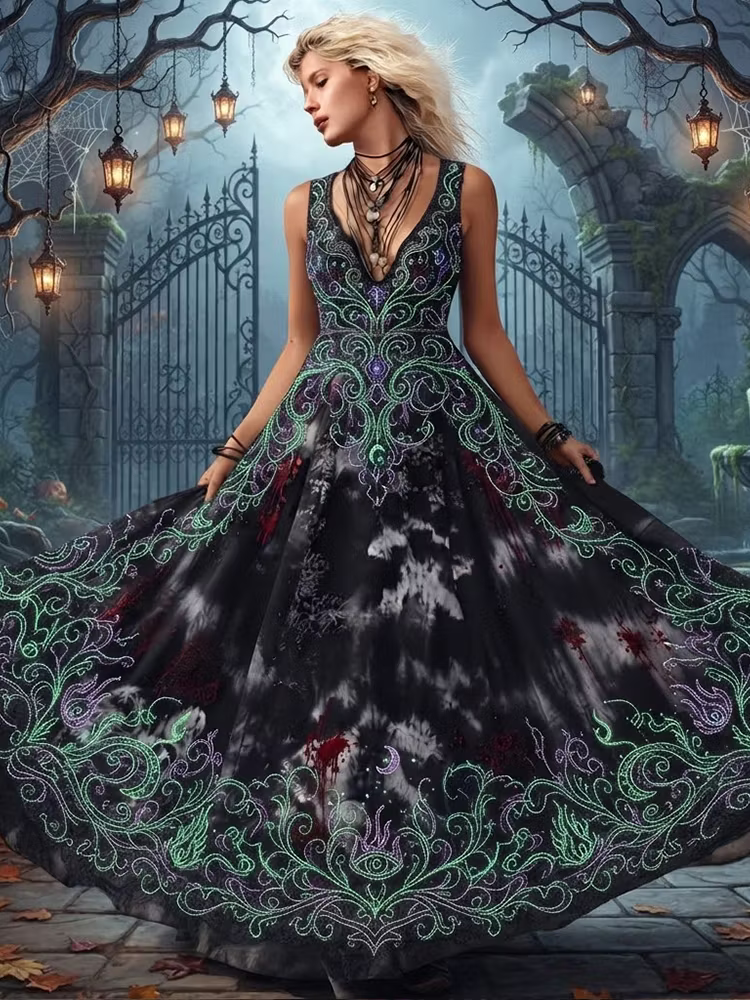 Women's Dark Witchy Glow-in-the-dark Mystic Pattern Sleeveless Maxi Dress