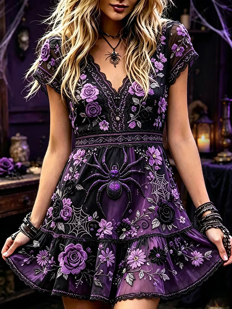 Women's Vintage Halloween Spider And Floral Art Casual Crew Neck Short Sleeve Dress