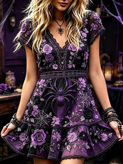 Women's Vintage Halloween Spider And Floral Art Casual Crew Neck Short Sleeve Dress
