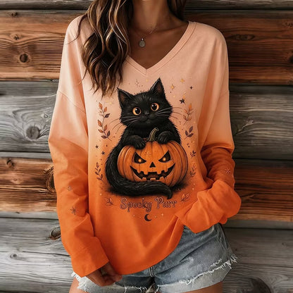 Women's Retro Halloween Pumpkin With Ctue Black Cat Print Casual V-neck Long Sleeve T-shirt