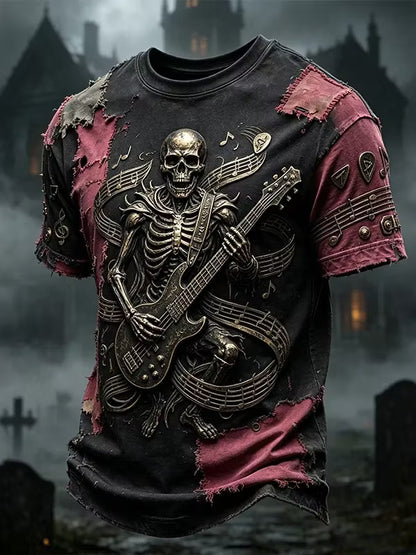 Men's Retro Skull Guitarist Print Casual T-shirt