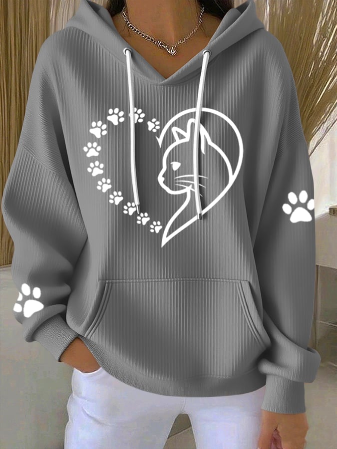 Women's Heart Paw Print Casual Hoodie Sweatshirt