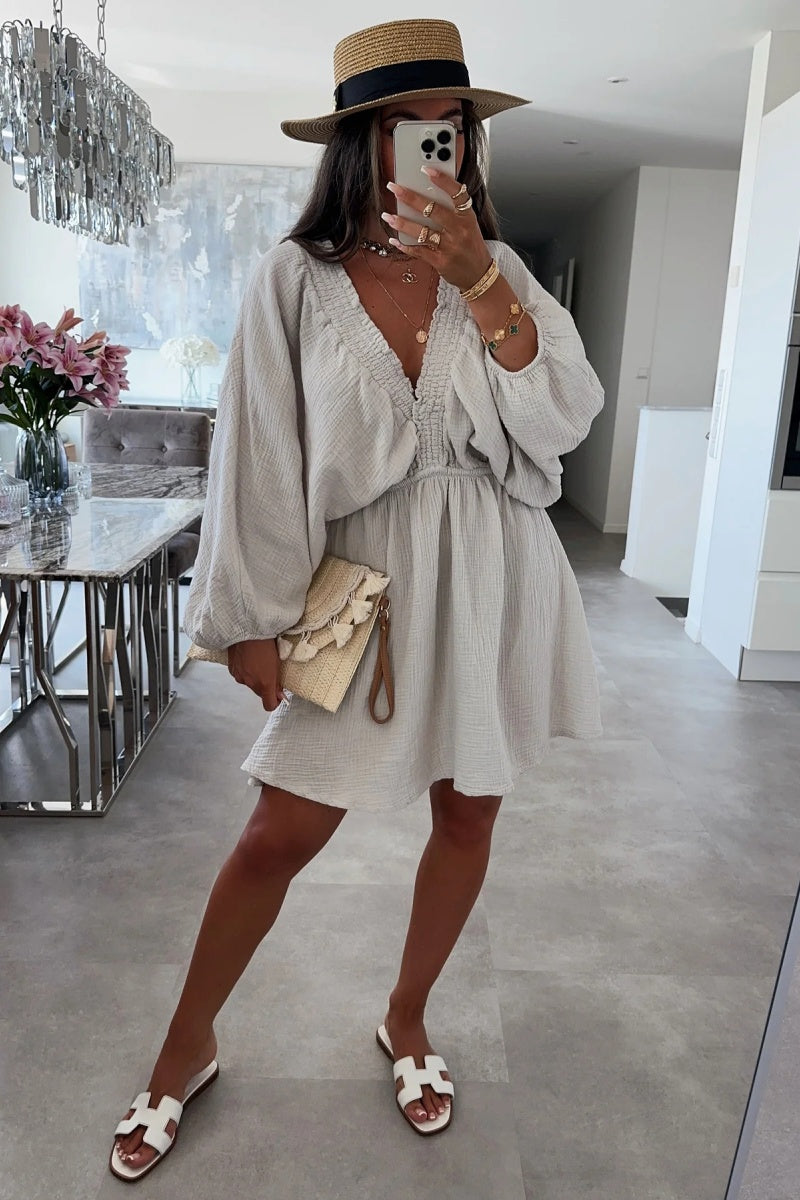 Cheesecloth Ruched Detail V-Neck Dress