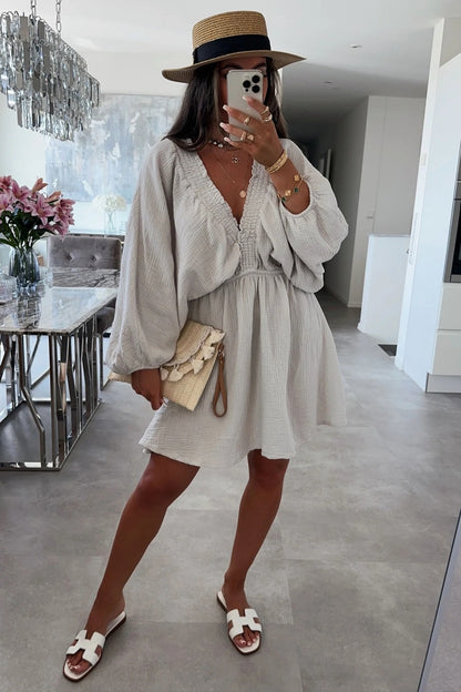 Cheesecloth Ruched Detail V-Neck Dress