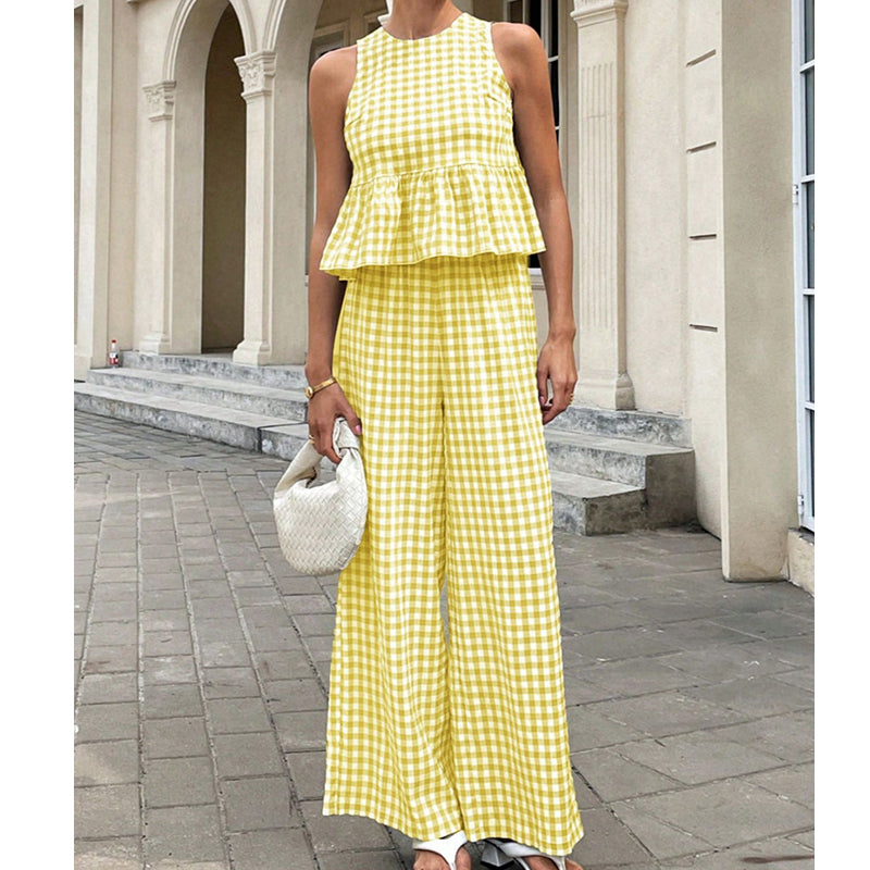 Women's 2 Piece Plaid Print Outfits Ruffle Top & Pants