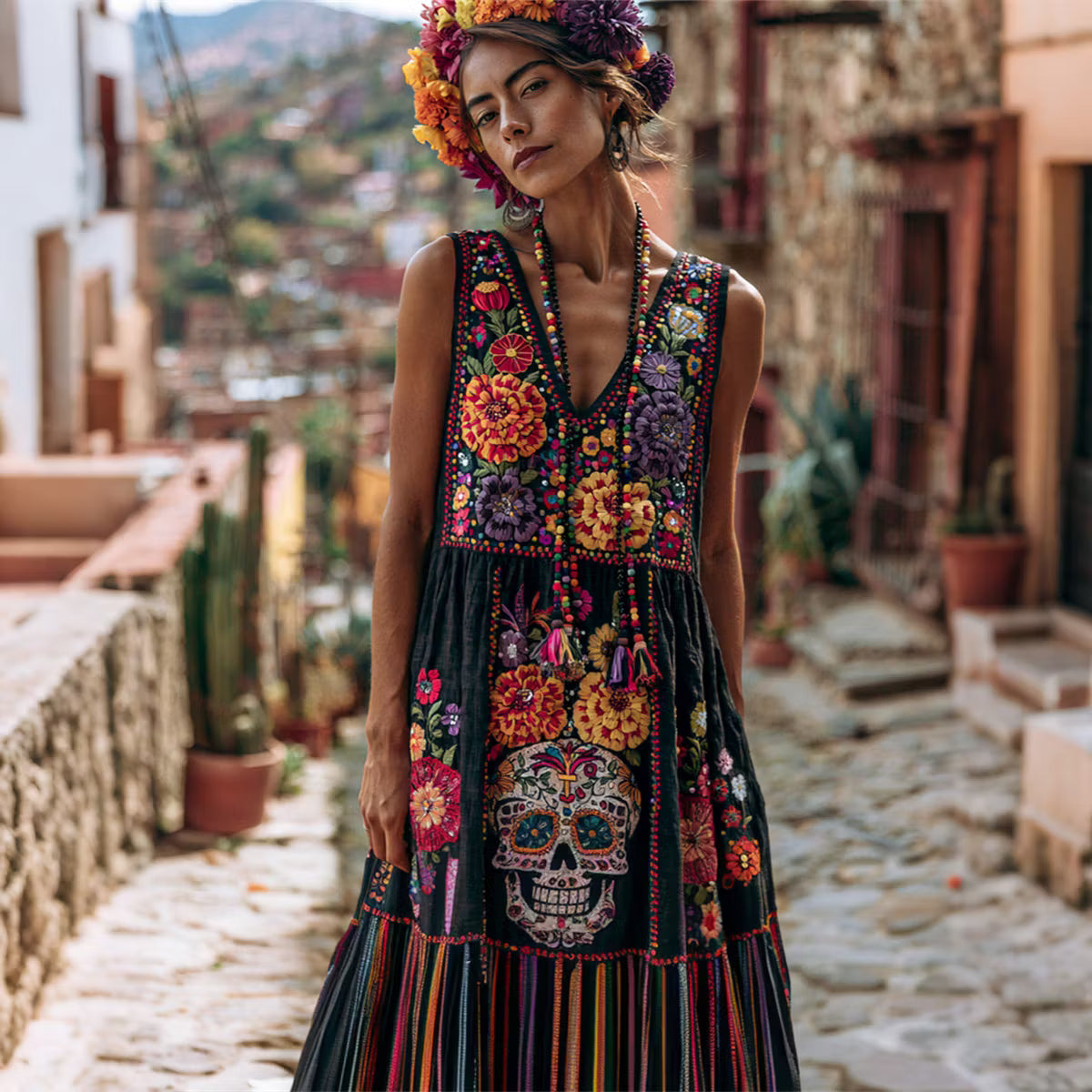 Women's Retro Floral Skull-free Cotton Linen V-neck Dress