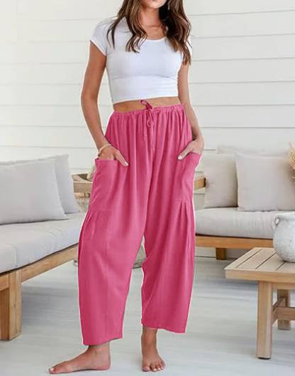 Womens Linen Wide Leg Pants Casual Loose Beach Palazzo Harem Pants with Pockets Summer Outfit
