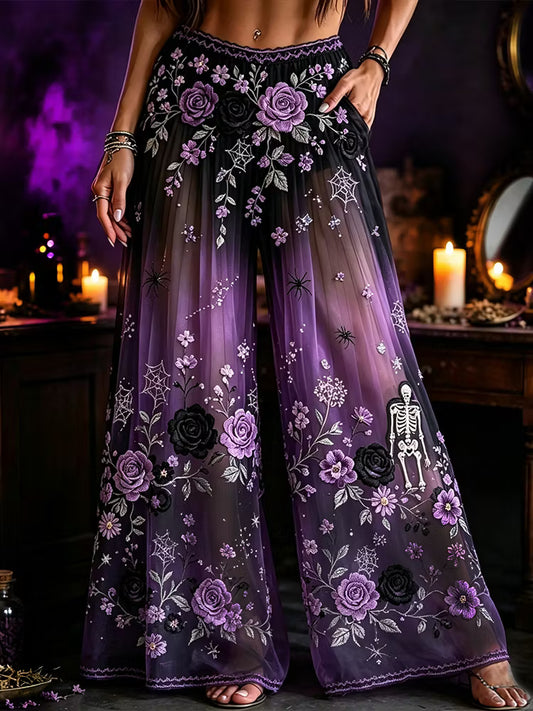 Women's Vintage Halloween Retro Rose And Spider Art Casual Lightweight Pants