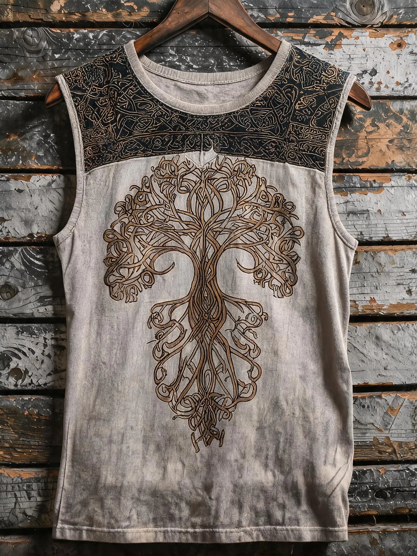 Men's Vintage Viking-Pattern Crew-Neck Tank Top