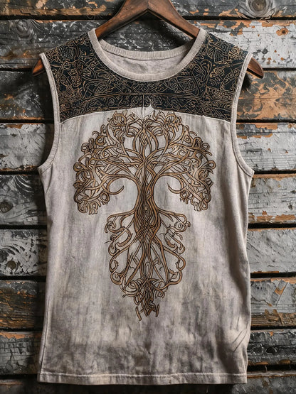 Men's Vintage Viking-Pattern Crew-Neck Tank Top