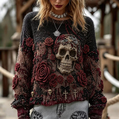 Women's Retro Bohemian Halloween Style Skull And Rose Print Sweater