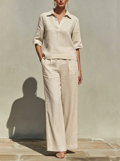 Women's Solid Cotton Linen Two-Piece Set